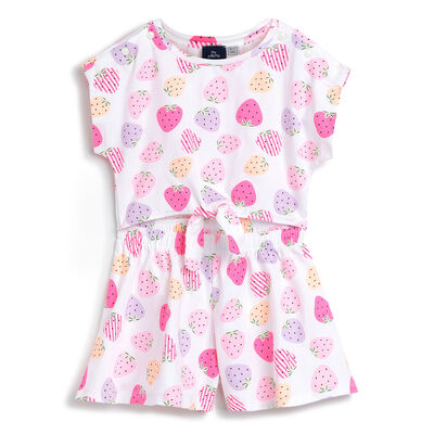 Girls Pink Strawberry Printed Short Dungaree
